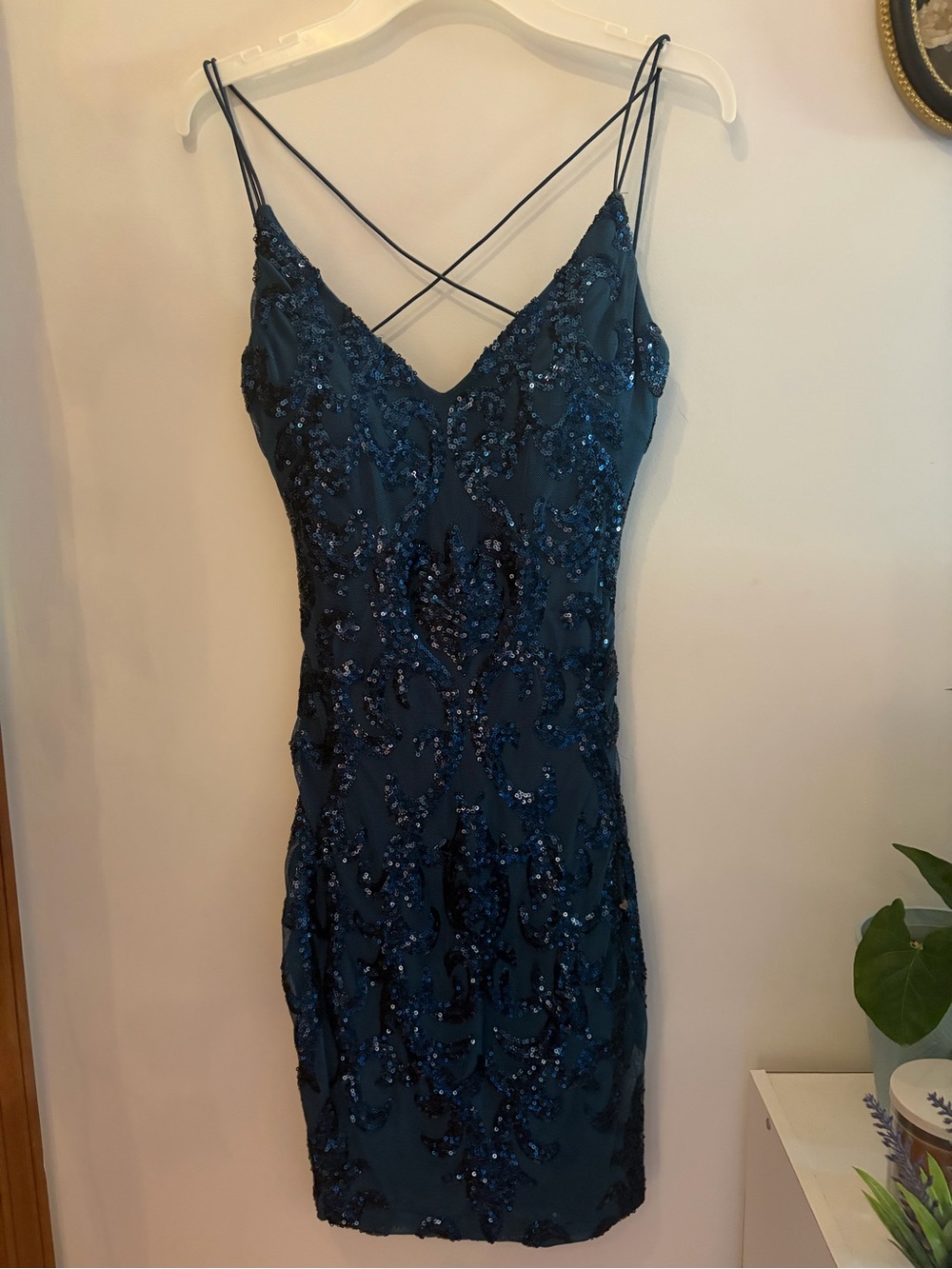 Windsor Teal Sequin Bodycon Mini Dress Strappy Open Back Formal